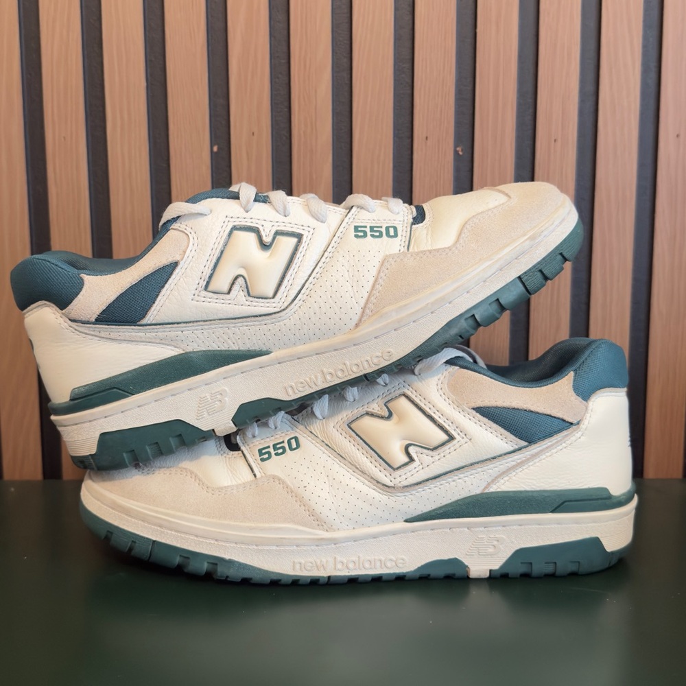 White and Green Suede New Balance 550 Sneakers